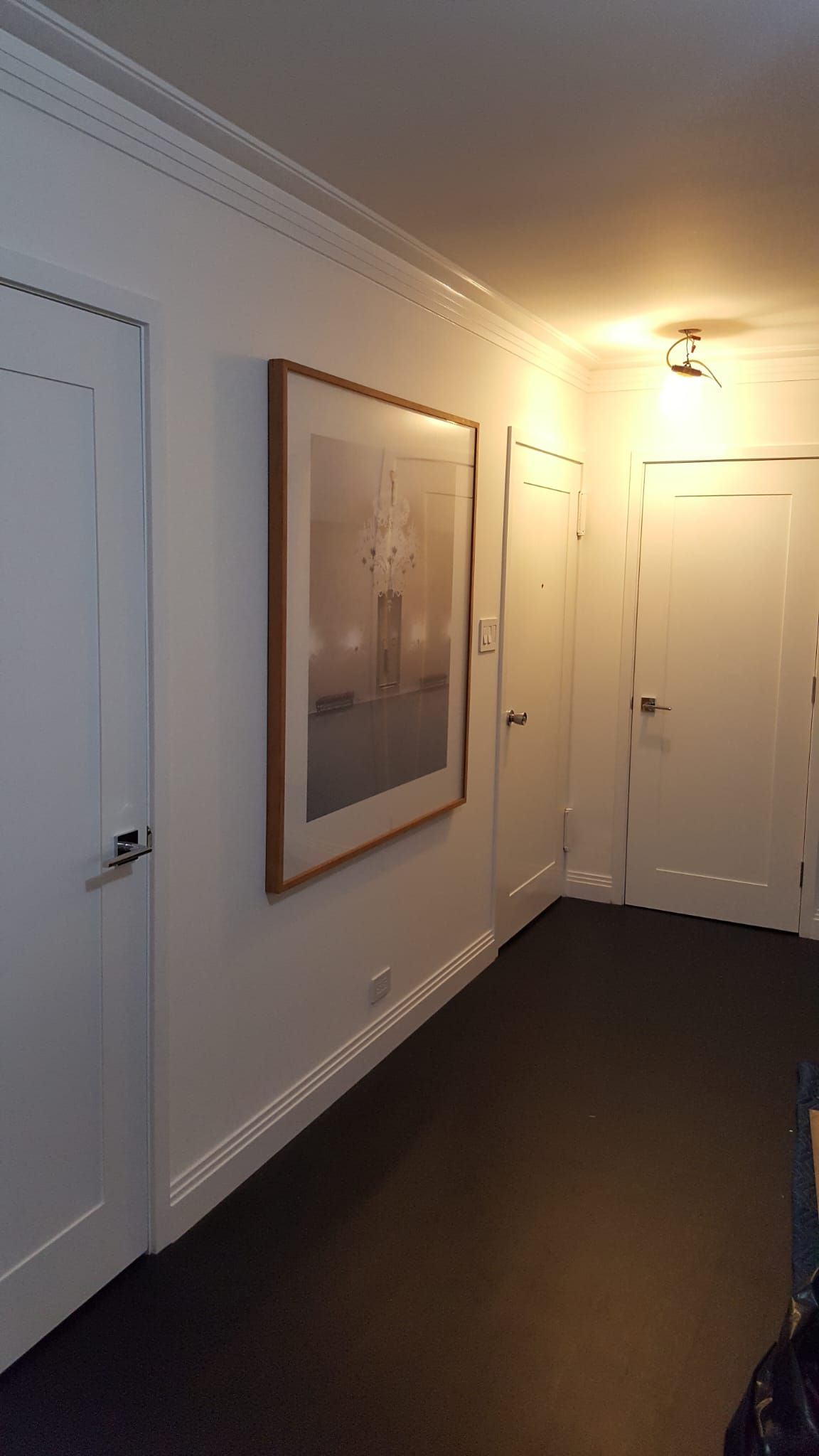 There is a picture on the wall in the hallway.