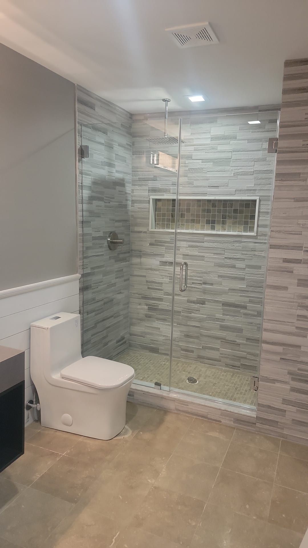 A bathroom with a toilet and a walk in shower.