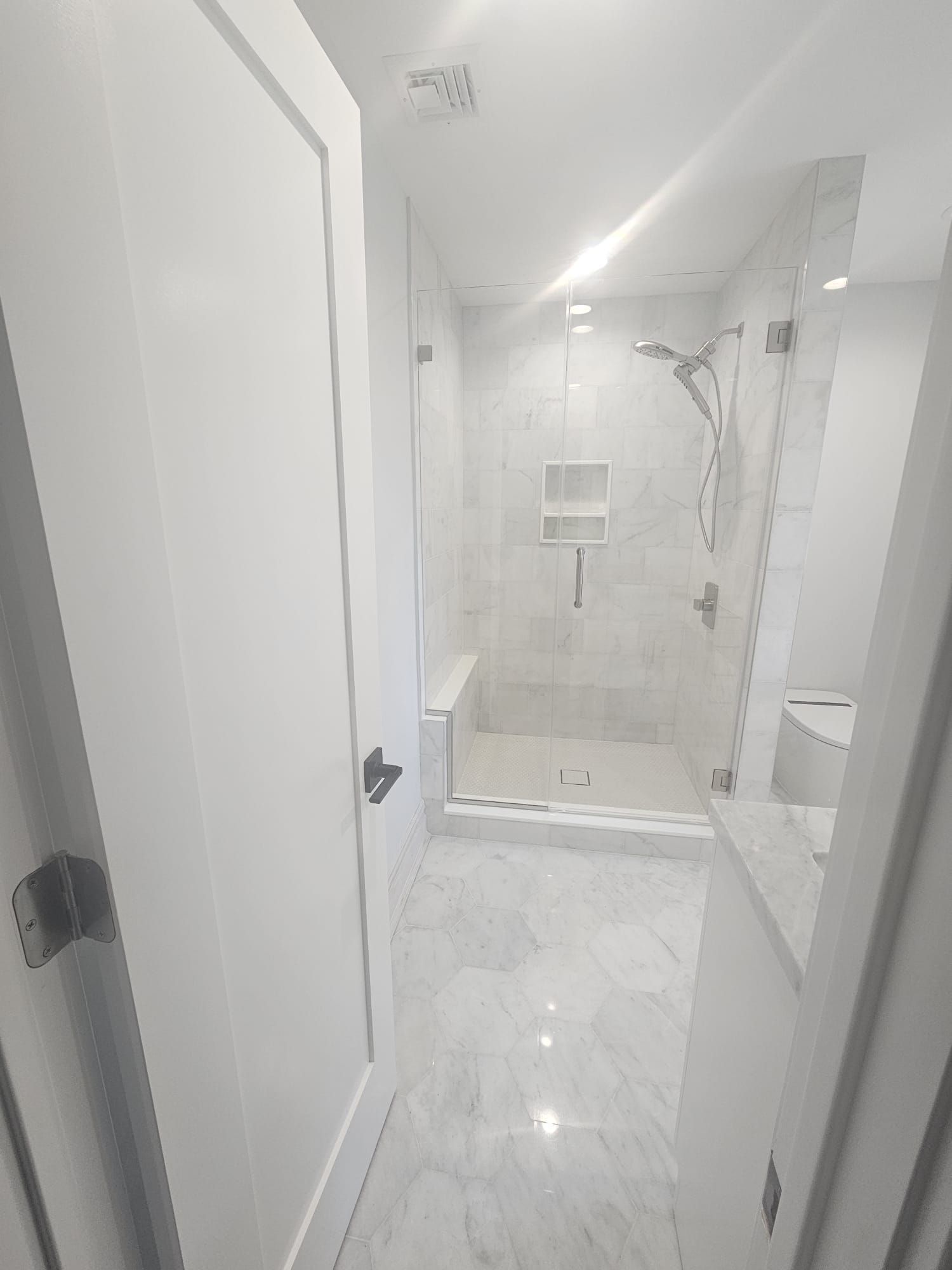 A bathroom with a walk in shower and a toilet.