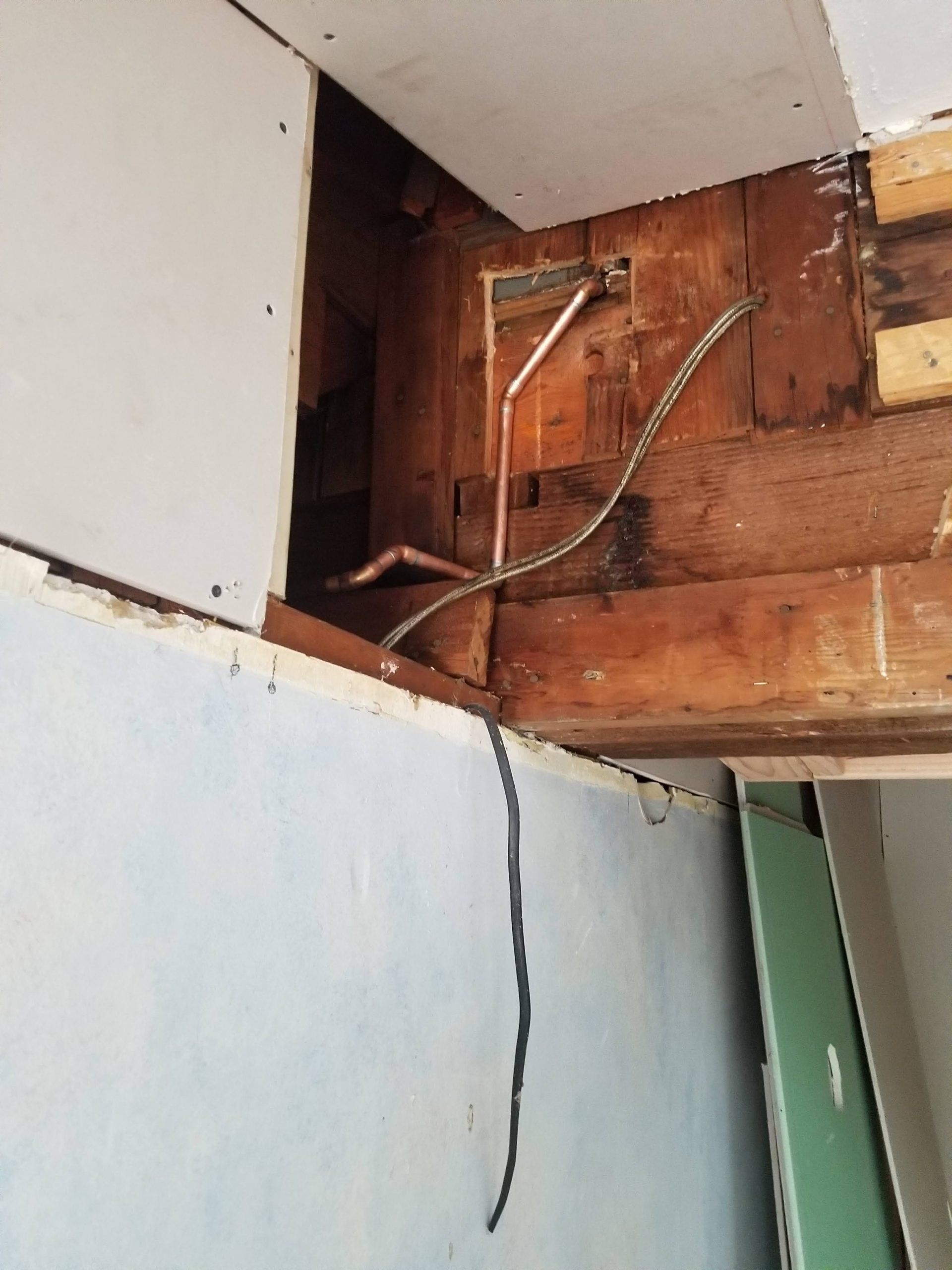 A snake is crawling through a hole in the ceiling of a building.