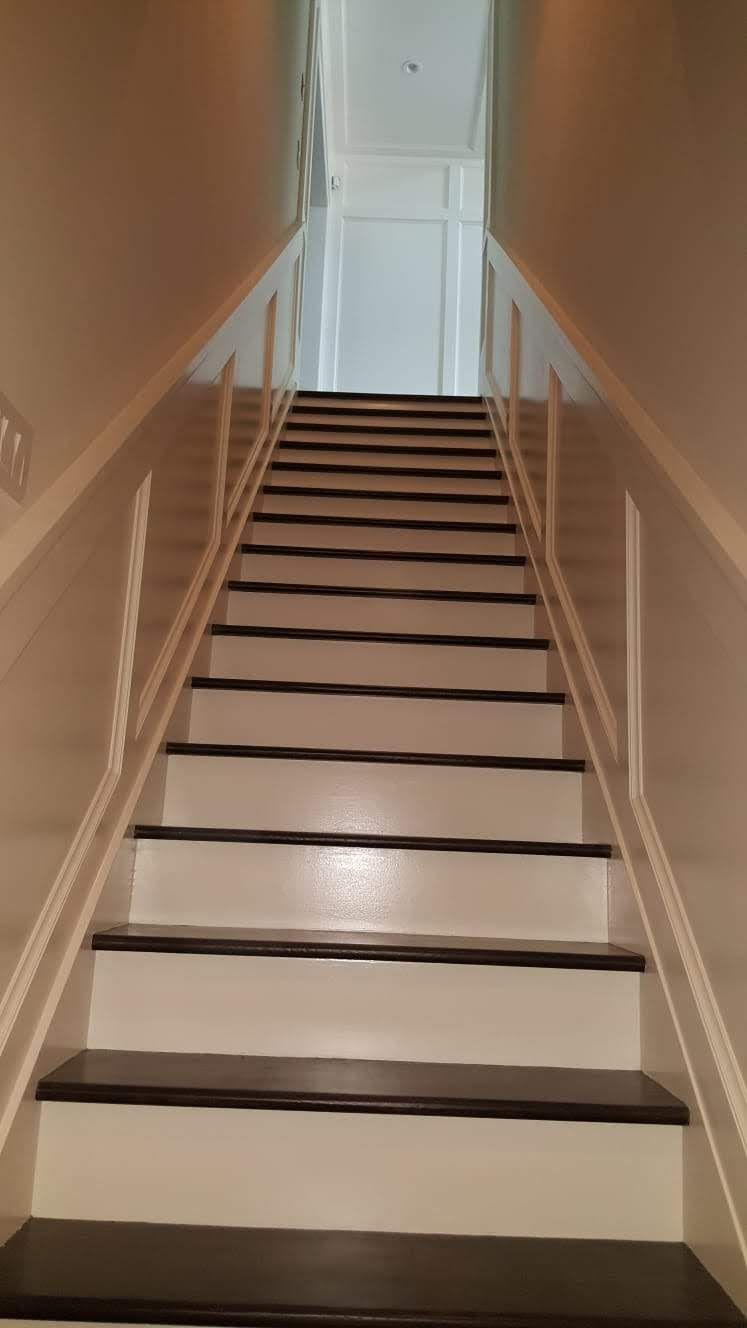 A set of stairs leading up to a hallway in a house.