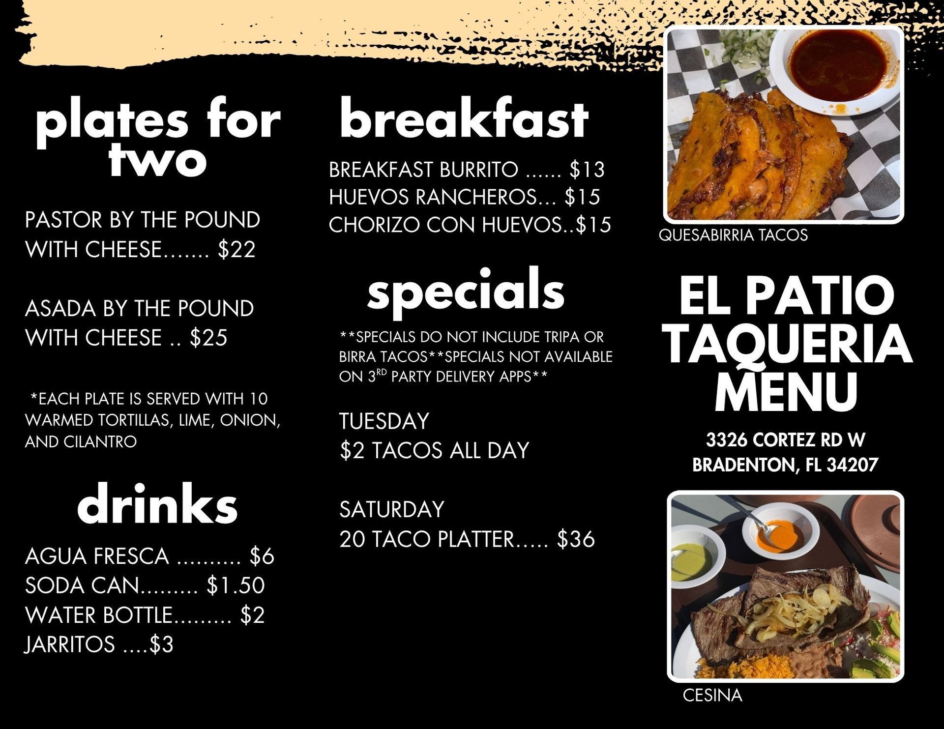 Mexican restaurant menu with plates, breakfast, specials, drinks, and El Patio Taqueria photos