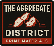 Logo for "The Aggregate District: Prime Materials" featuring a tan-colored rock formation on a dark background.