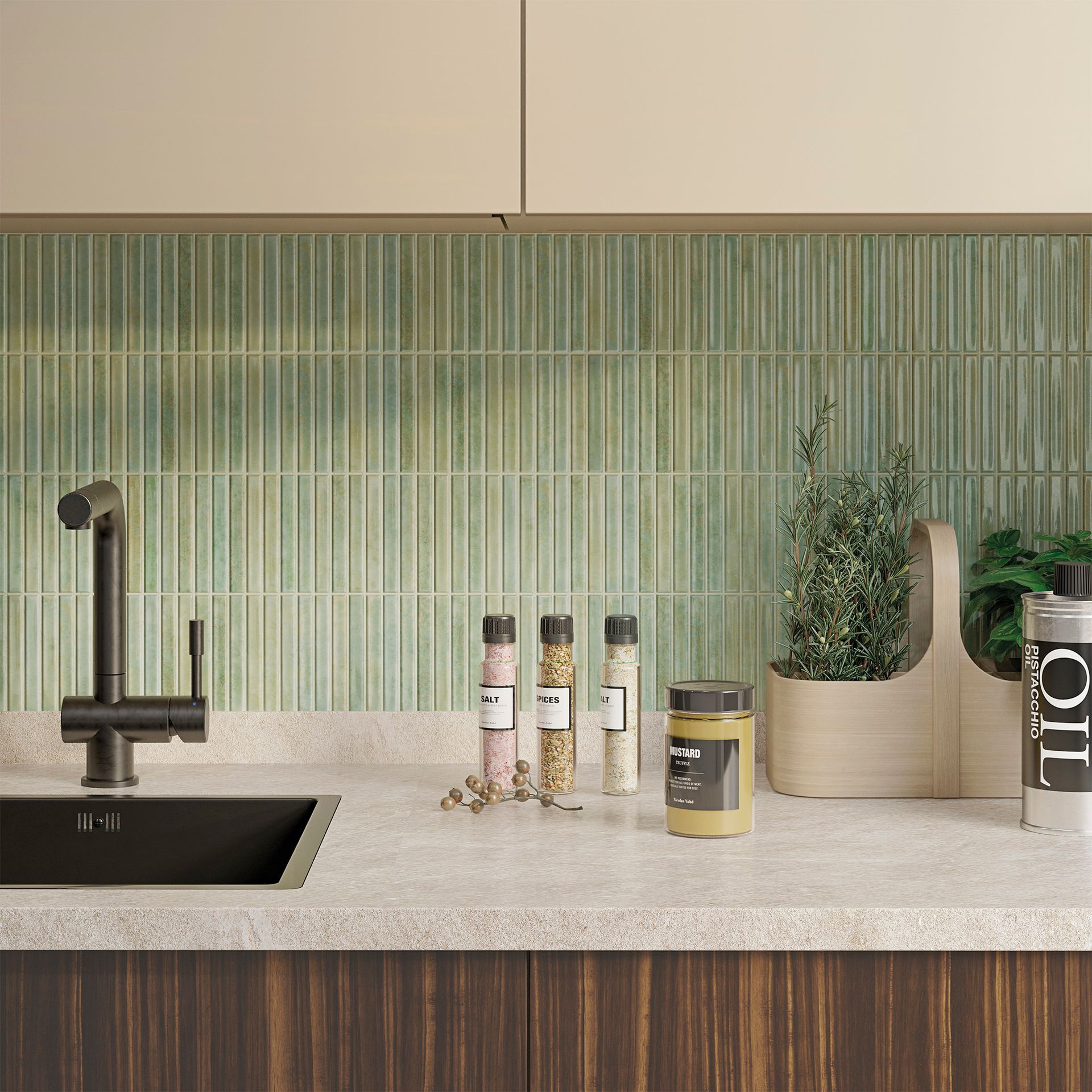 Kitchen with black faucet, green tile backsplash, spices, and a small potted plant