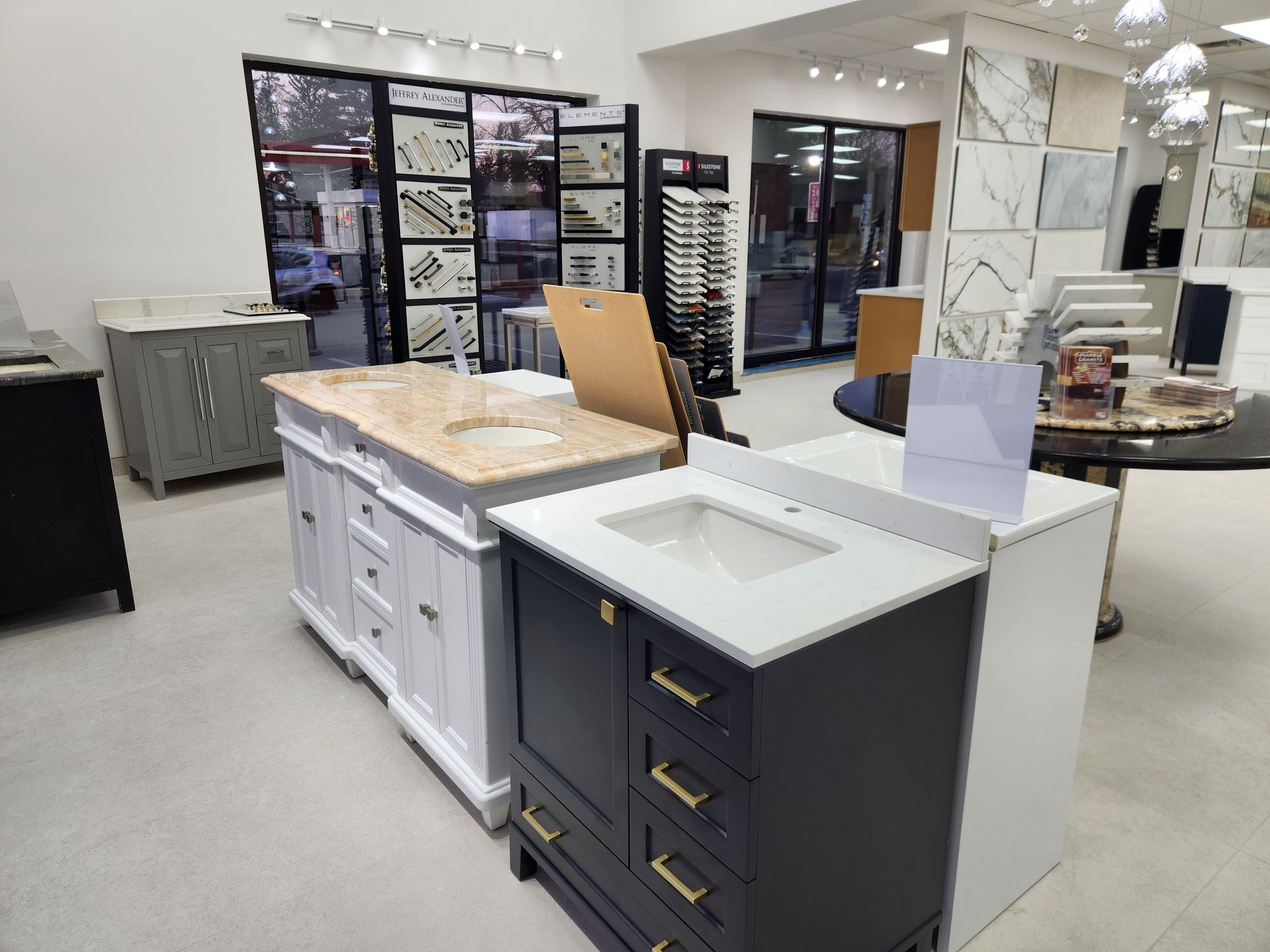 Bathroom vanities displayed in a showroom