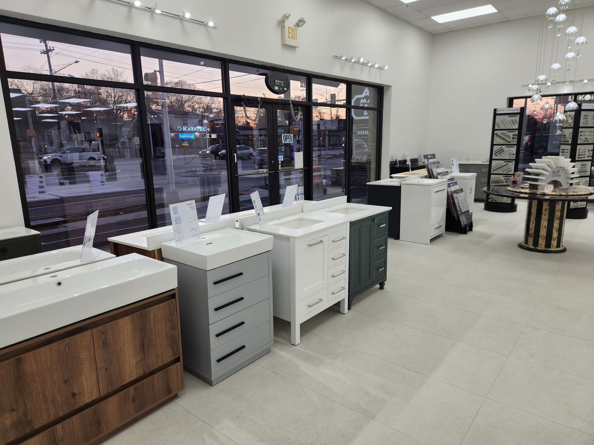Bathroom vanity showroom with various vanities on display