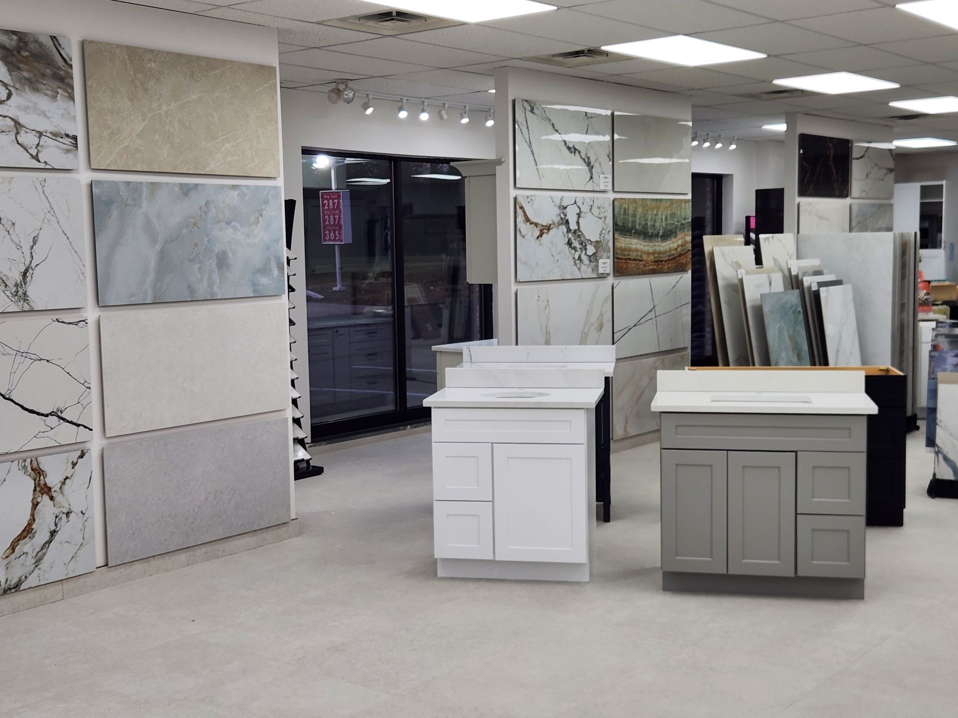 Interior of a stone and cabinetry showroom