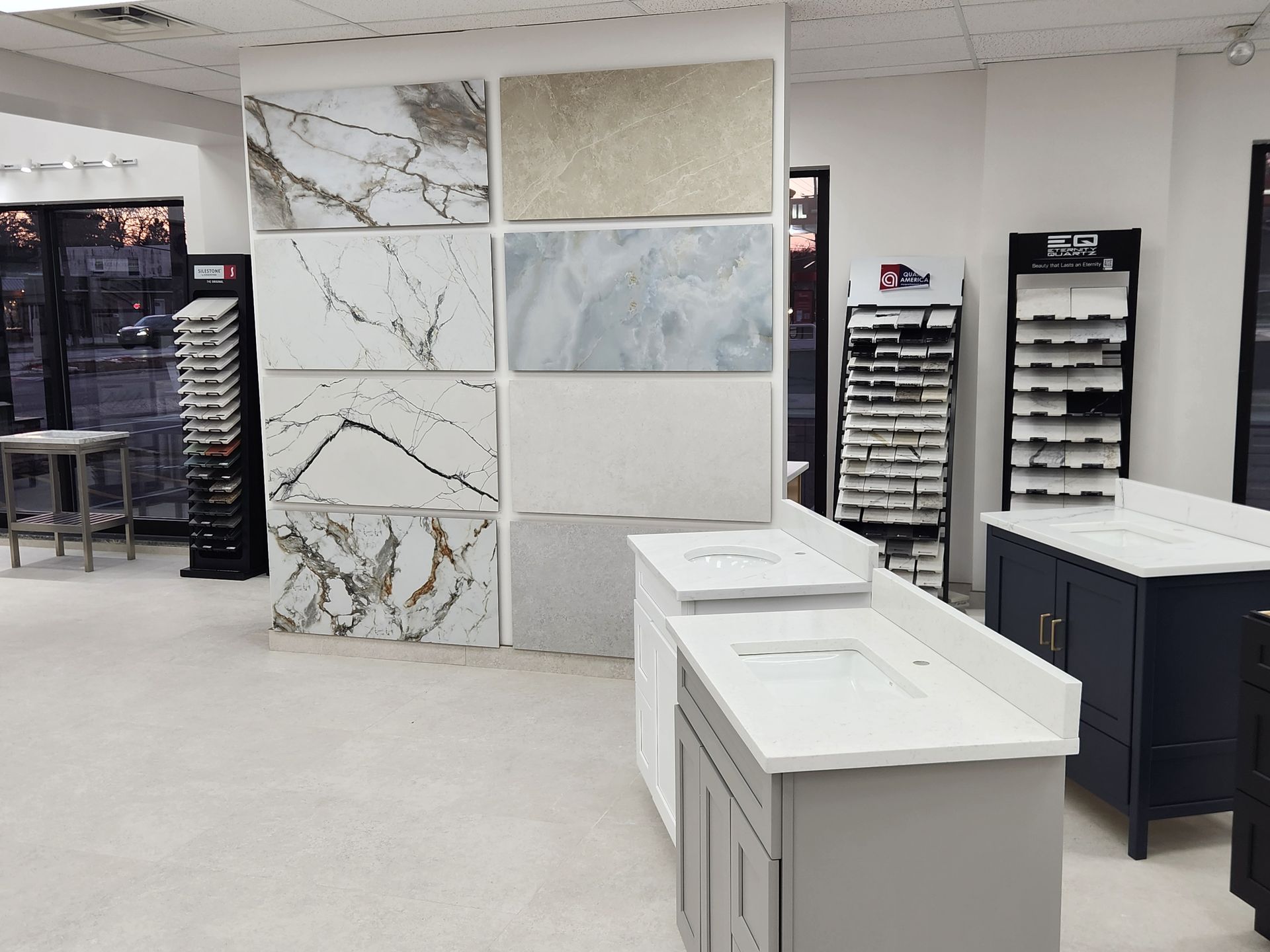 Interior showroom with stone countertop samples and display cabinets