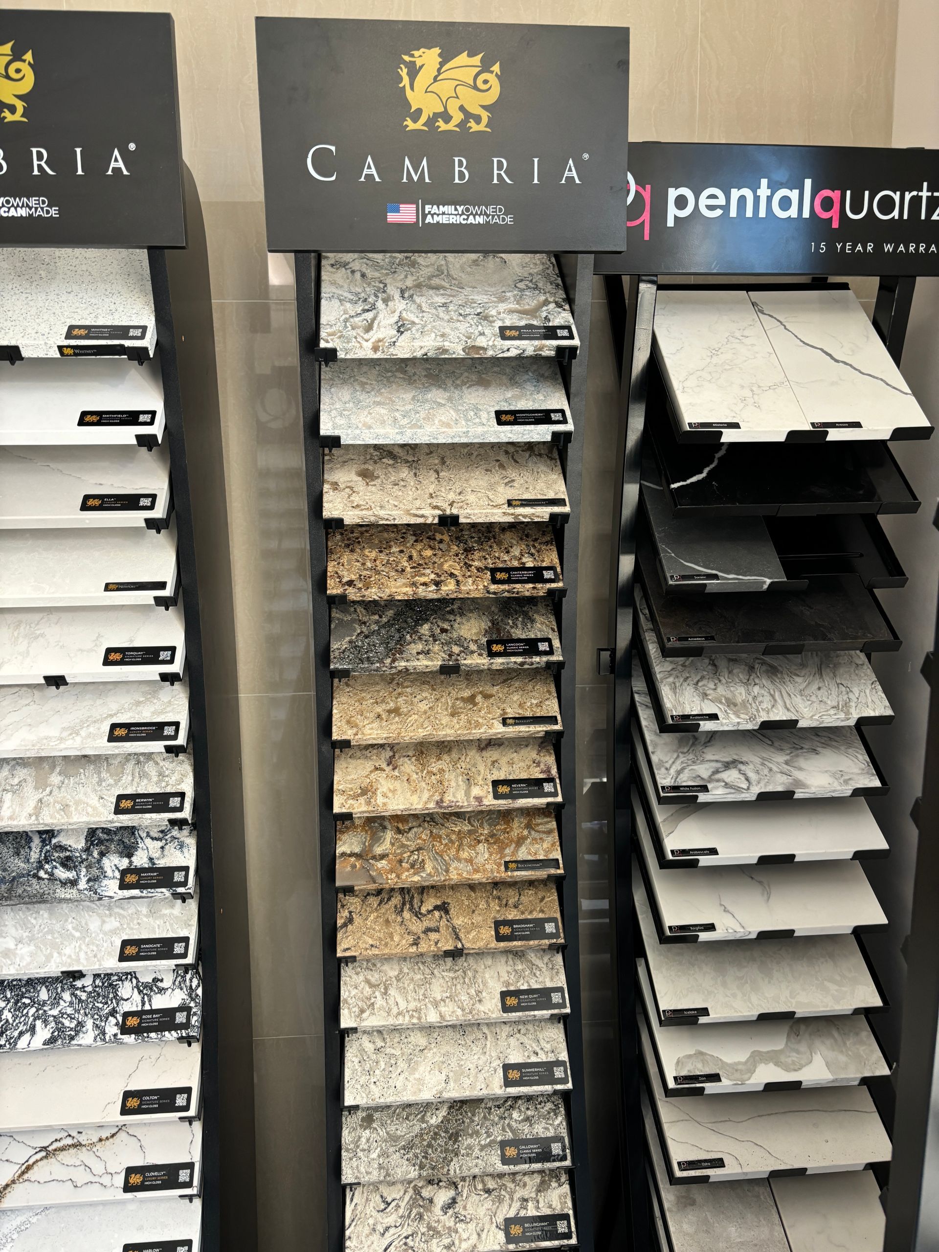 A display of different types of granite in a store.