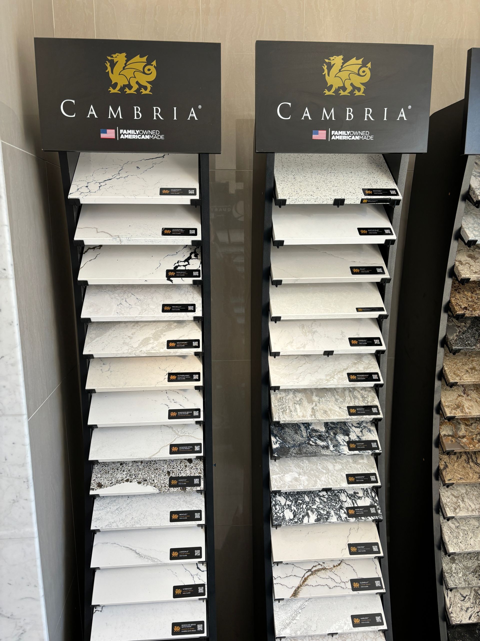 Two display stands for camaria granite are lined up next to each other