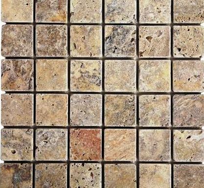 A close up of a mosaic of square tiles on a white background.