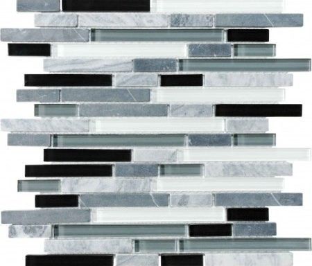 A mosaic tile with black , white and gray stripes on a white background.