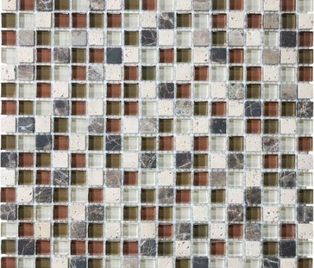 A close up of a mosaic tile with brown and white squares