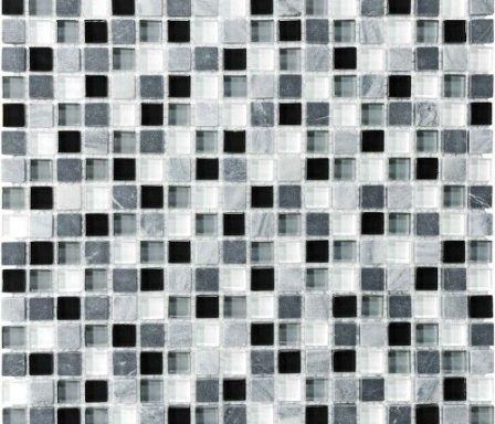 A close up of a black and white mosaic tile.