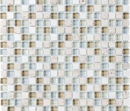 A close up of a mosaic tile with a checkered pattern.