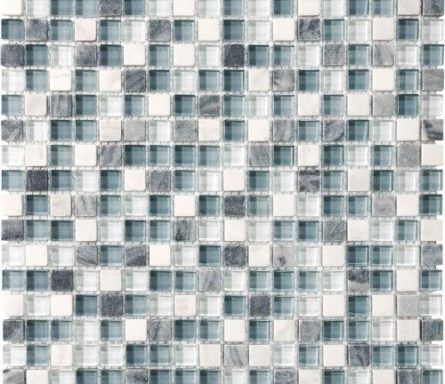 A close up of a mosaic tile with blue and white squares.