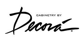 A black and white logo for cabinetry by decora on a white background.