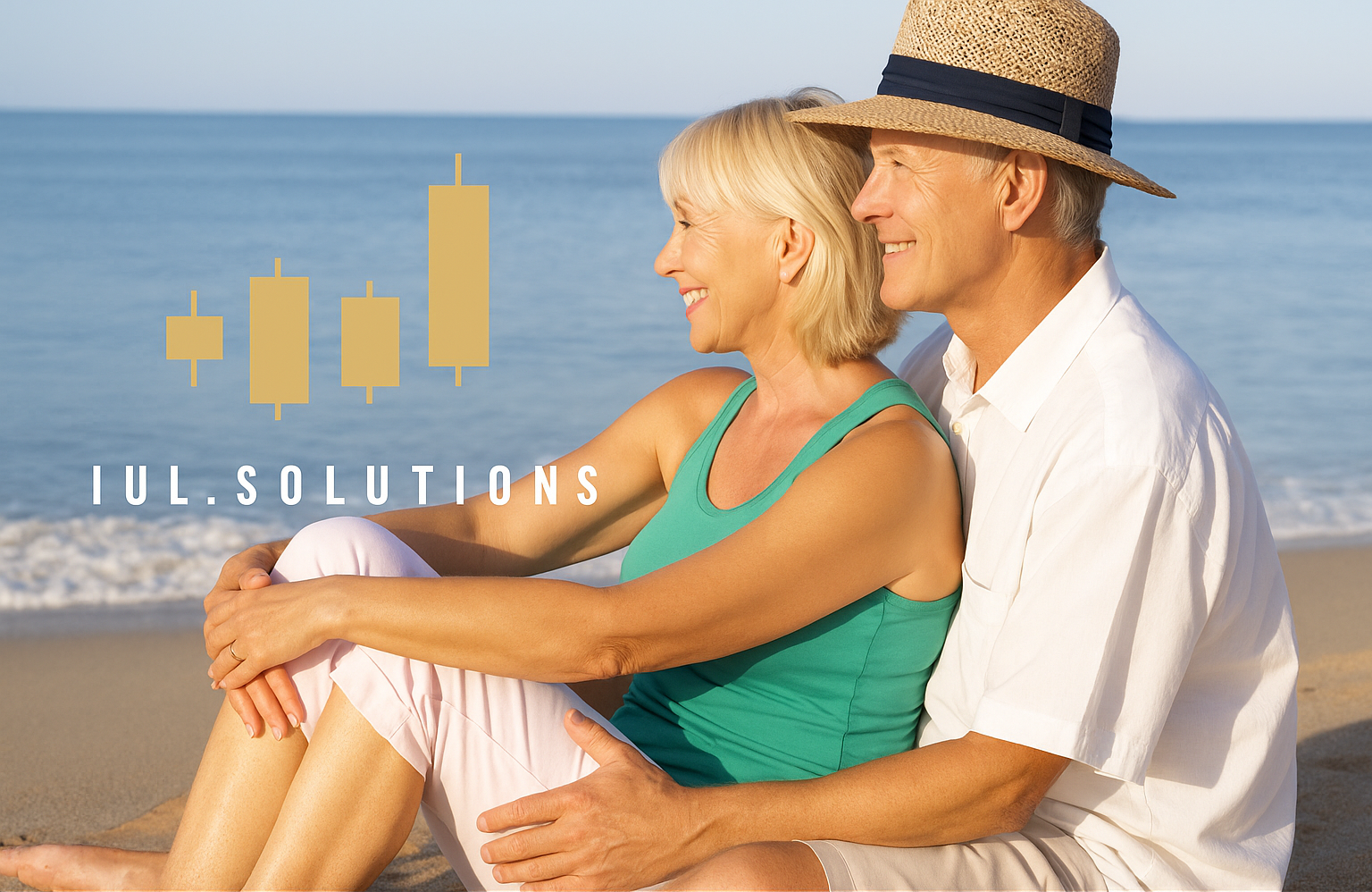 Couple on beach looking at sea, with financial chart overlay and 