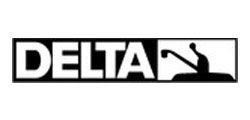 A black and white logo for delta is shown on a white background.