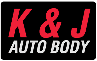 K & J Auto Body logo in red and white on a black background
