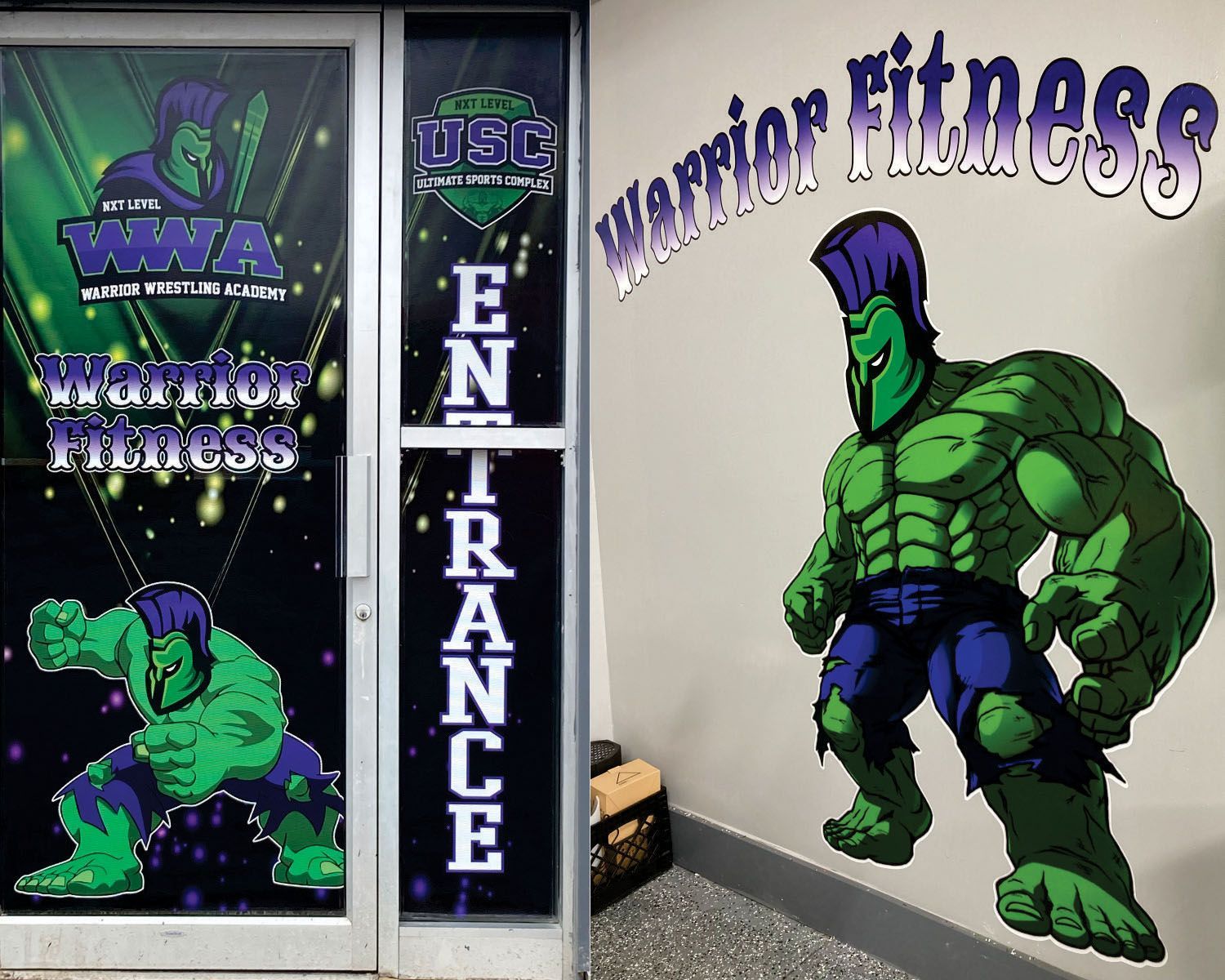 A sign for warrior fitness has a hulk on it