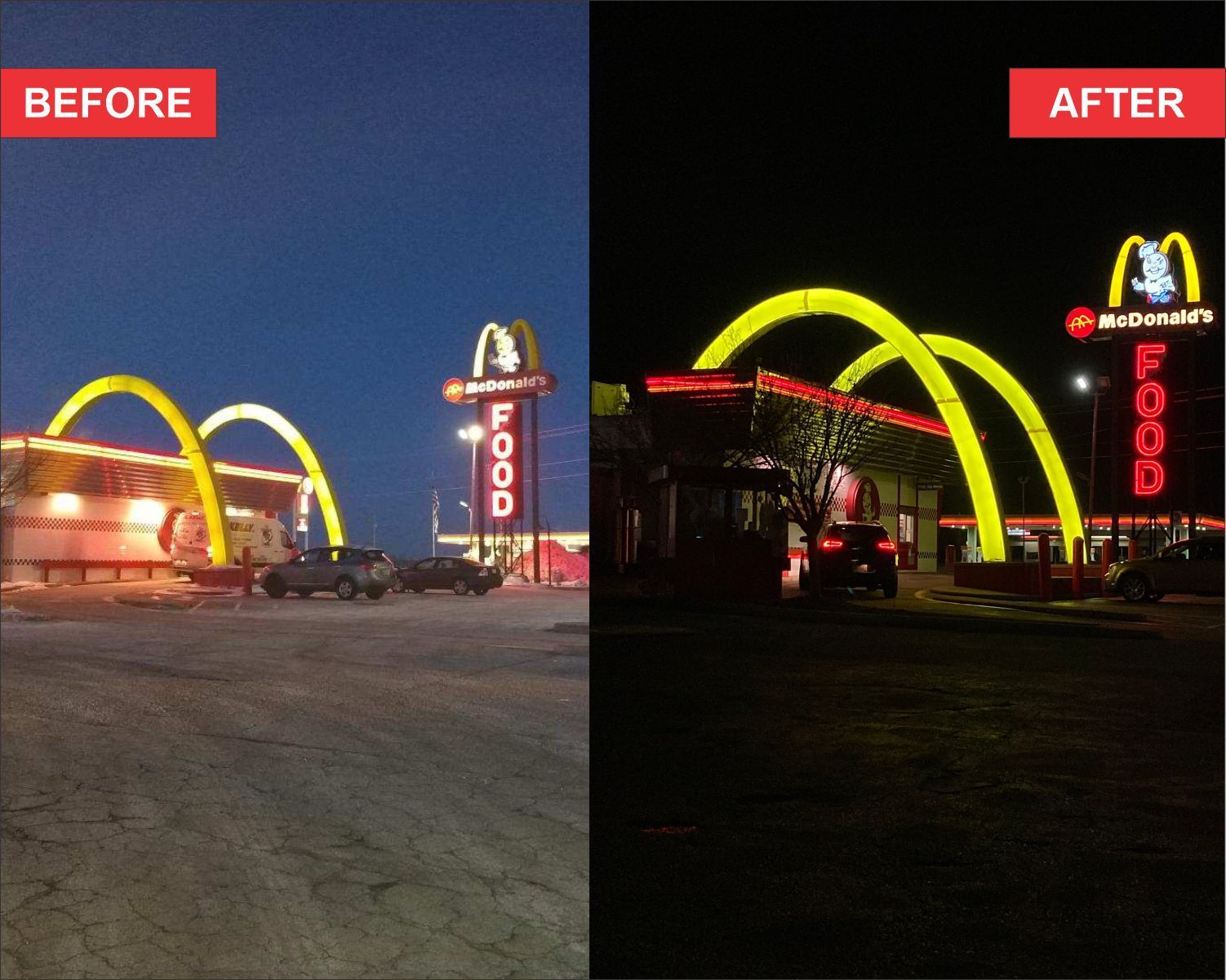 A before and after photo of a mcdonald 's