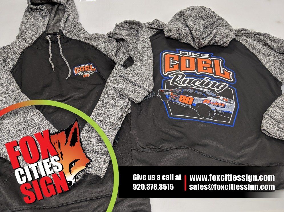 A couple of hoodies that say fuel racing on them