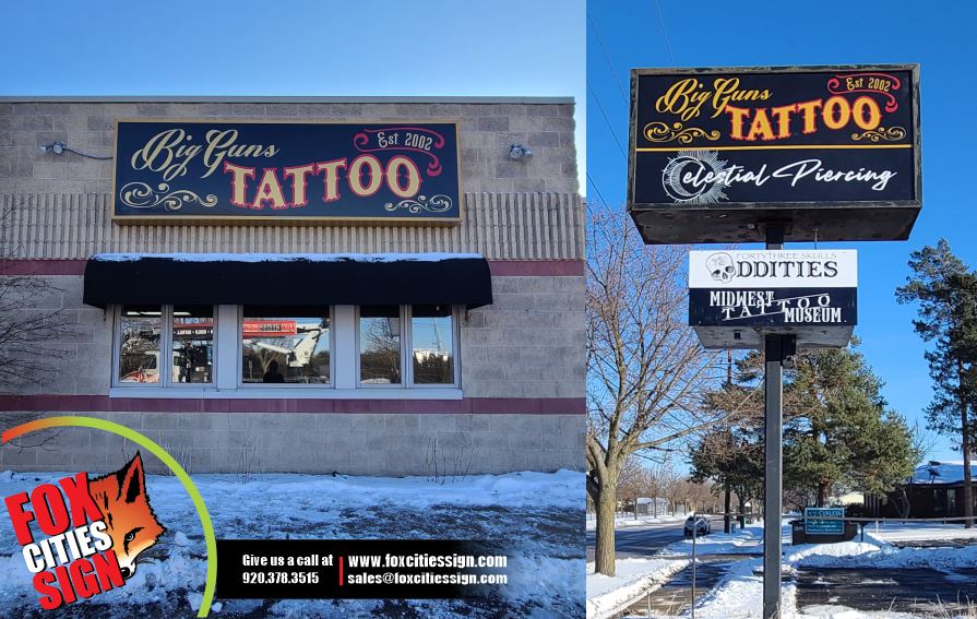 A picture of a tattoo shop in the snow