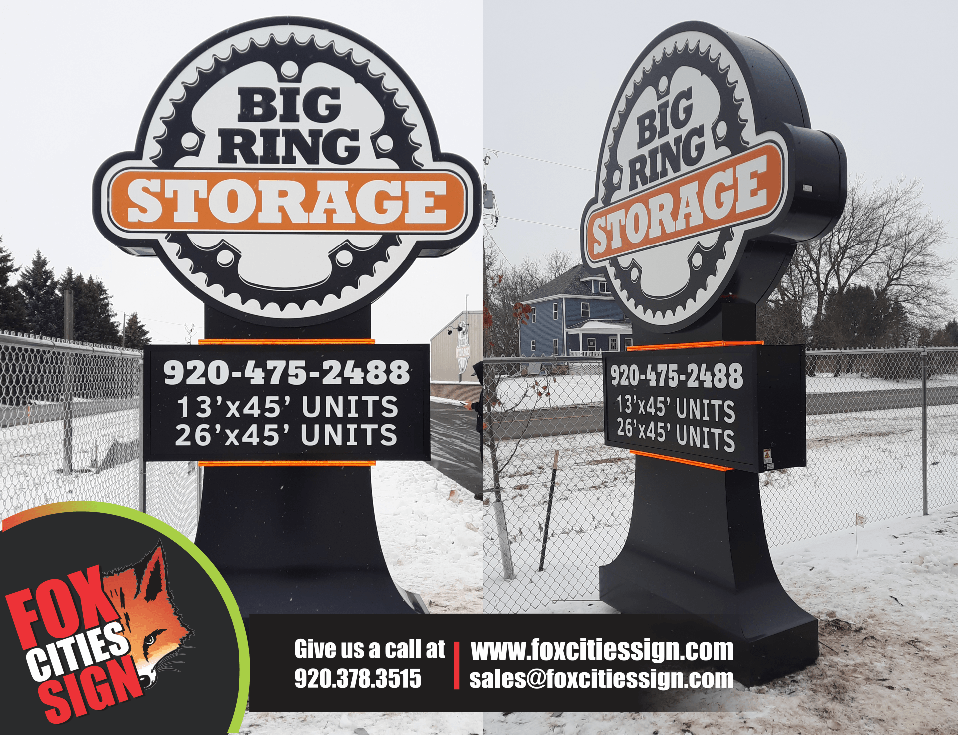 A sign for big ring storage has a phone number on it