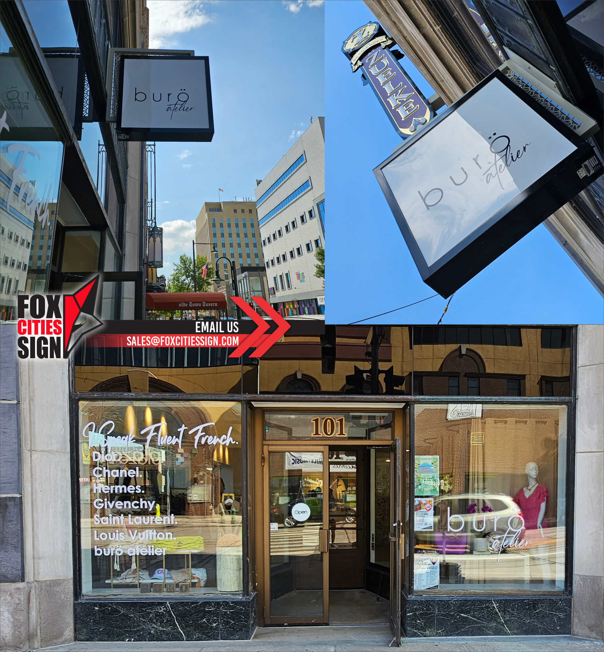 A store front with a sign that says fox city sign