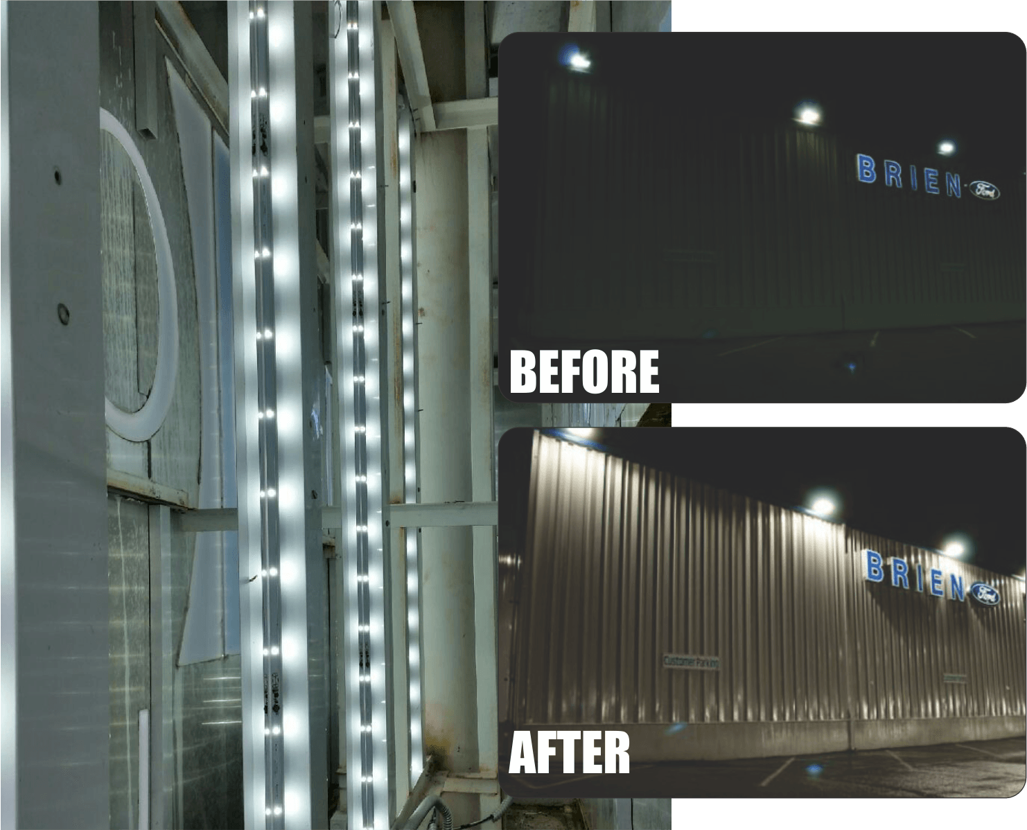 A before and after photo of a building with lights on it