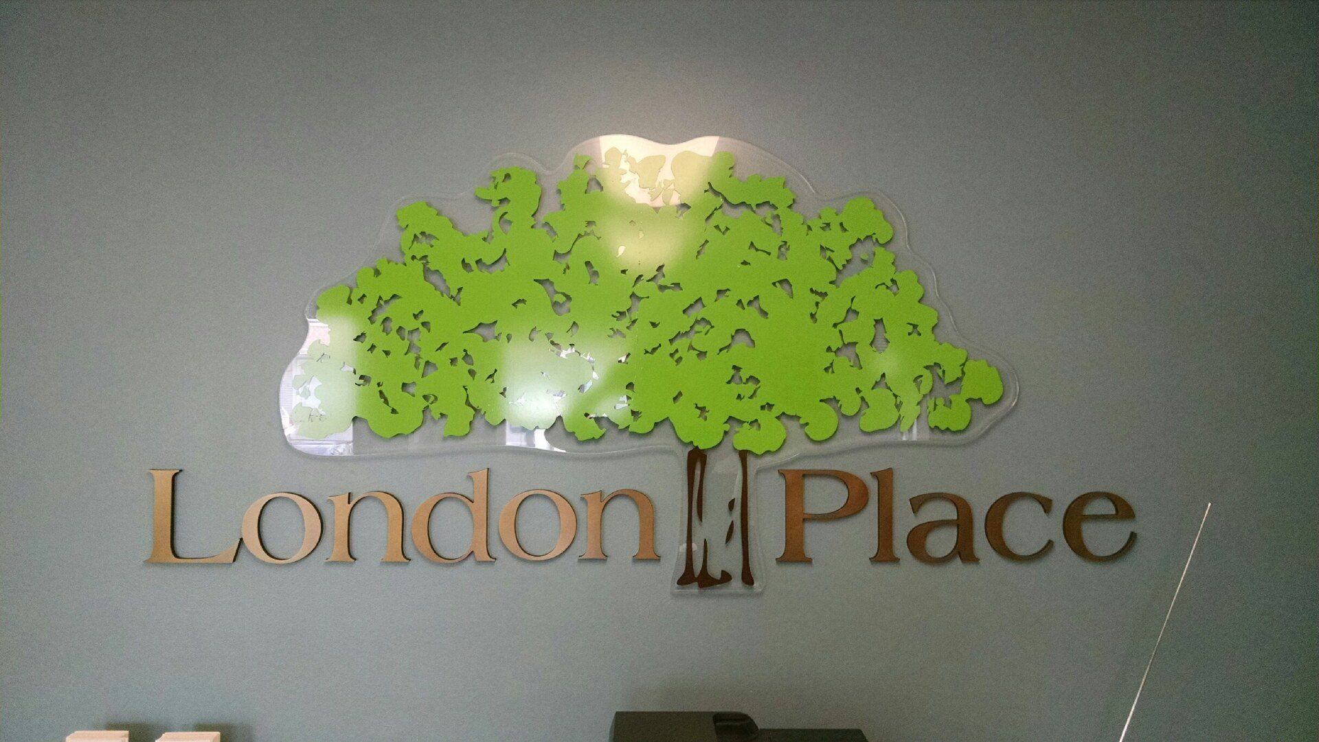 A sign that says london place with a tree on it