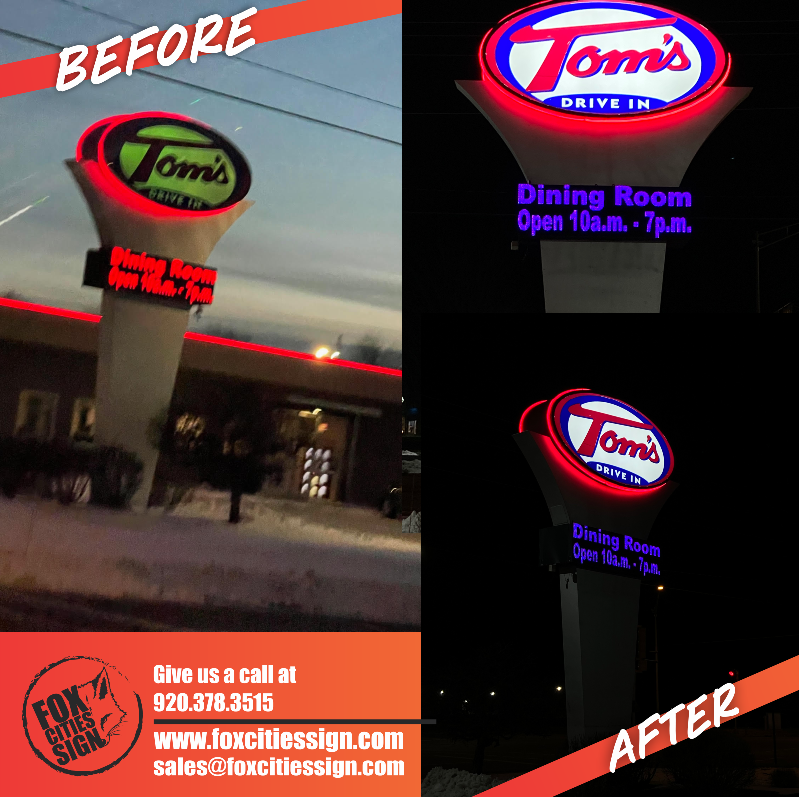 A before and after photo of tom 's drive in