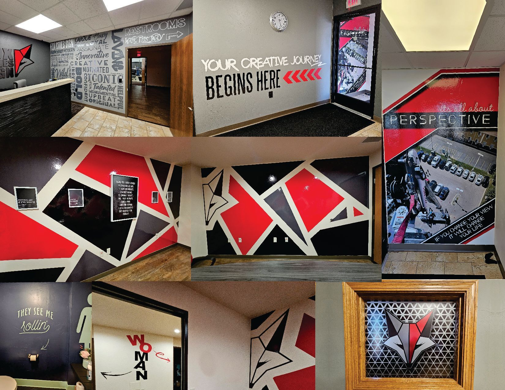 Office interior with bold red, black, and white graphic designs and decor, including a logo.