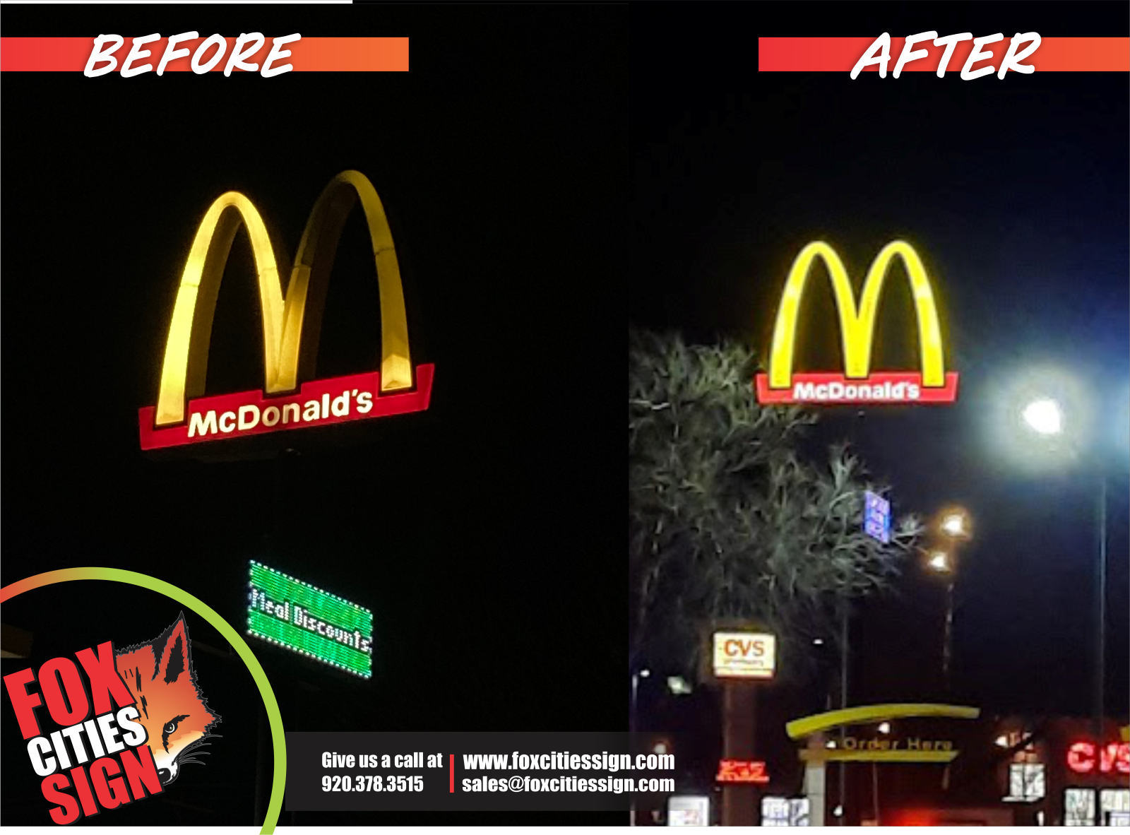 A before and after photo of a mcdonald 's sign
