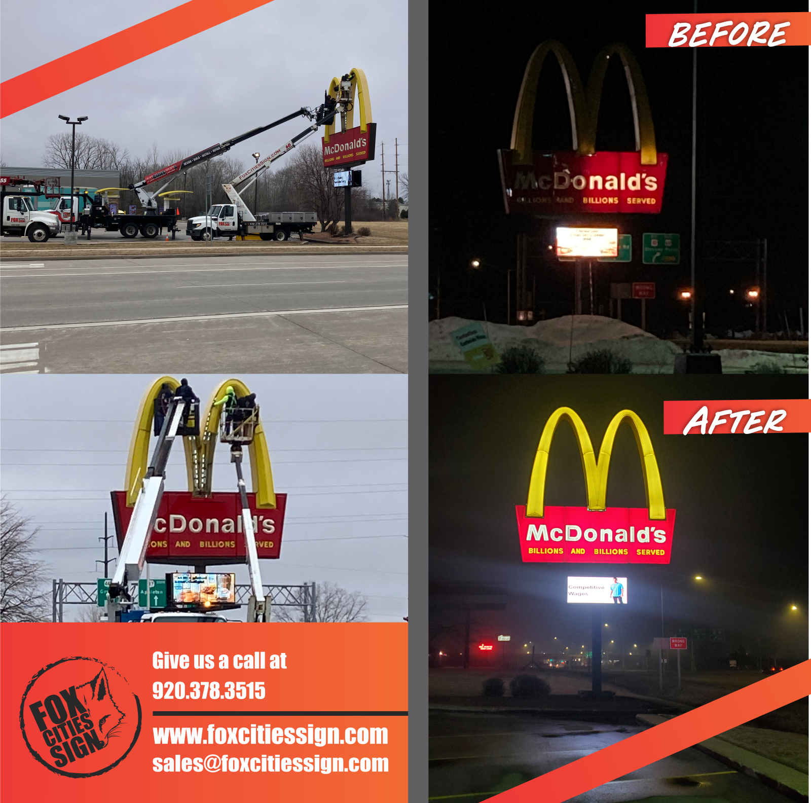 A before and after photo of a mcdonald 's sign