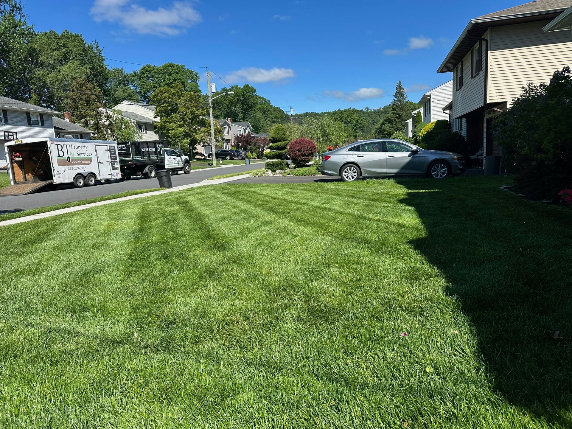 Lawn recently mowed, with green grass, a car parked on the street, and houses in the background. Bright sunny day.