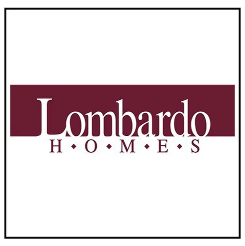 Lombardo Homes logo on white background with maroon banner and stylized text.