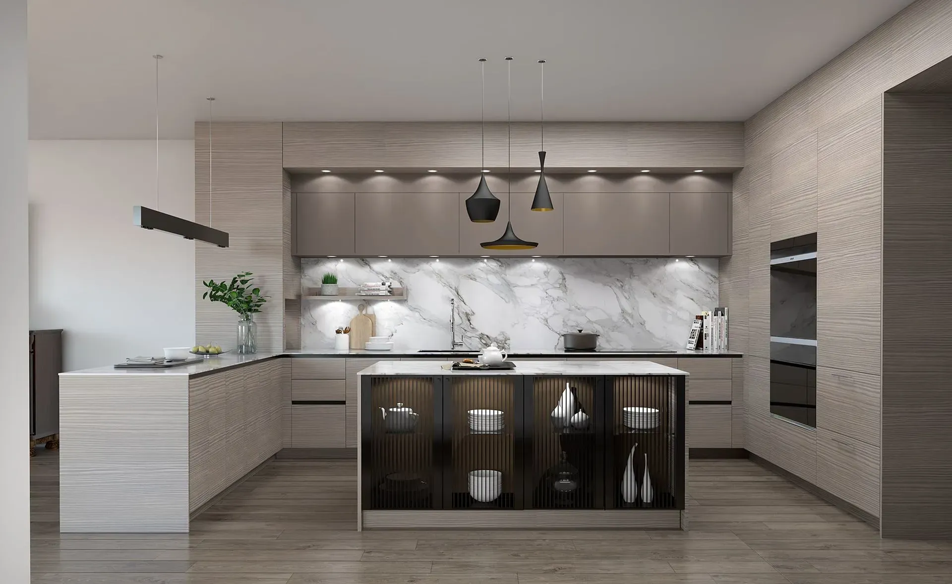 Modern minimalist kitchen with marble backsplash, dark island, and light wood cabinets