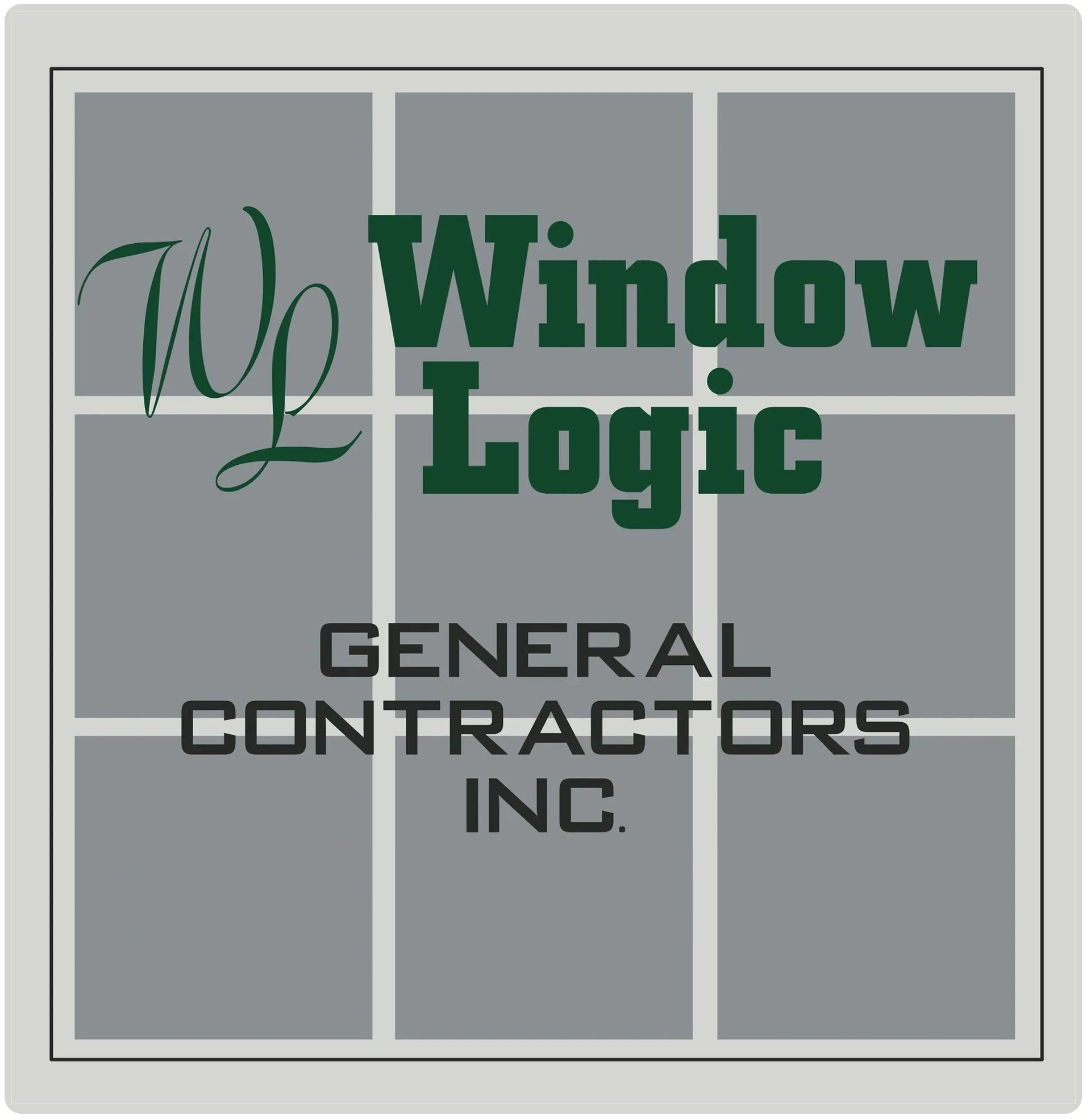 Green logo text reading &ldquo;WINDOW LOGIC&rdquo; above &ldquo;GENERAL CONTRACTORS INC&rdquo; with a horizontal line and small square icon