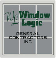 Green logo text reading &ldquo;WINDOW LOGIC&rdquo; above &ldquo;GENERAL CONTRACTORS INC&rdquo; with a horizontal line and small square icon