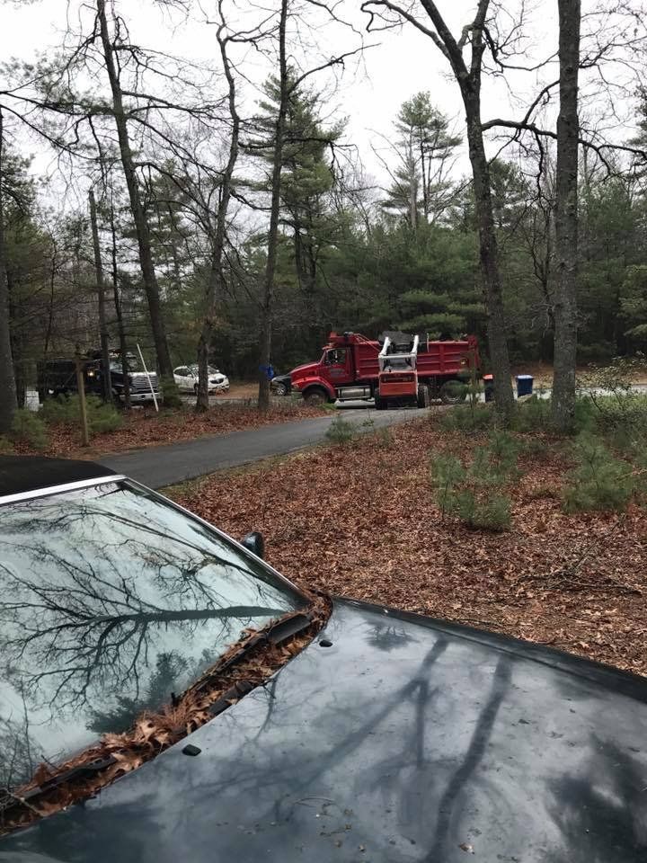 A red dump truck is parked in the woods next to a black car.