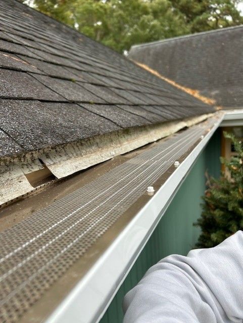 Gutter with mesh screen installed under a roof. The gutters are full of debris.