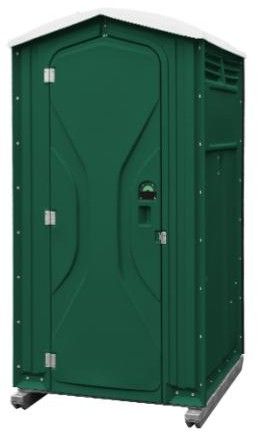 Green portable toilet with white roof, set on a gray base.