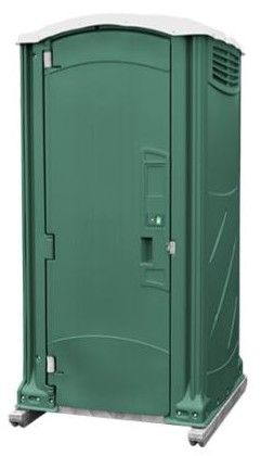 Green portable toilet with a white roof.
