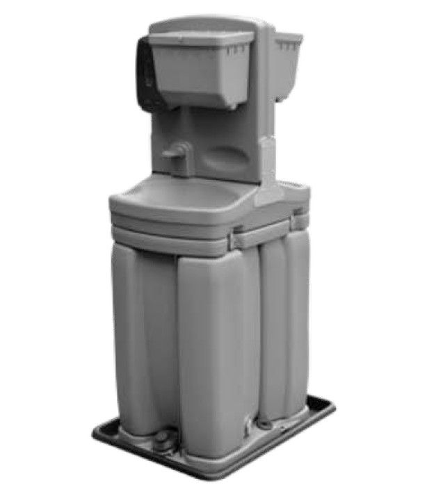 A grey, portable handwashing station with a sink, soap dispenser, and paper towel holder on a stand.