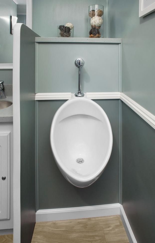 White urinal on a teal wall in a restroom. There's a shelf above with decorations, white molding, and a light-colored floor.