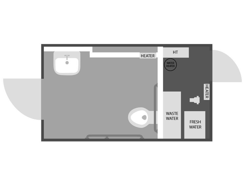 Top-down diagram of a small bathroom layout. Includes sink, toilet, heater, and wheelchair-accessible features.