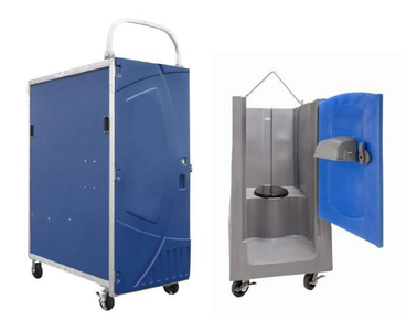 Blue portable toilet in closed and open configurations, on wheels.