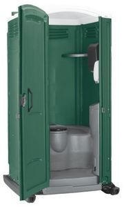 Green portable toilet with open door.